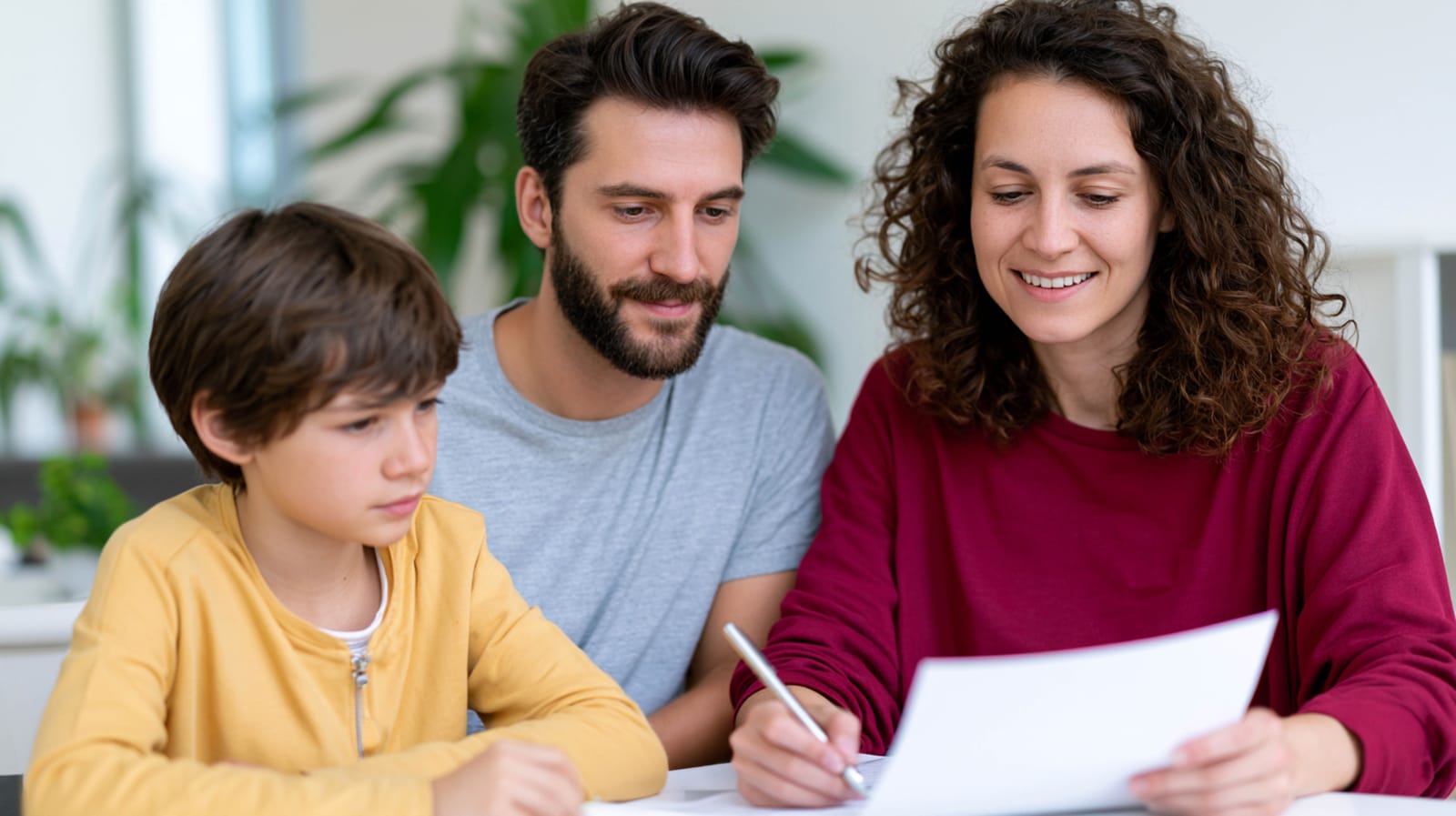 Two parents and their son reading a form together at a table